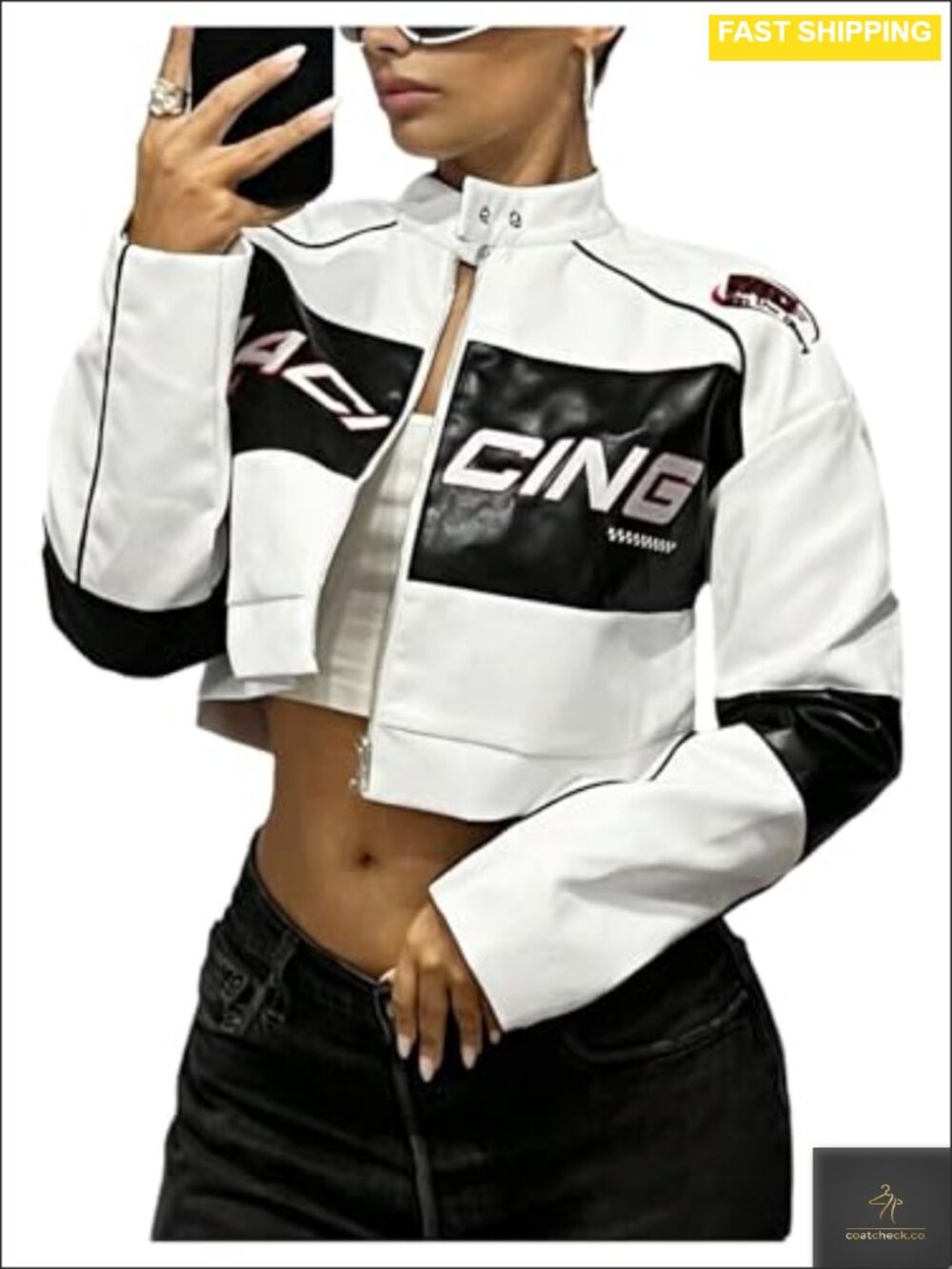 Women's Faux Leather Zip Up Crop Graphic Jacket